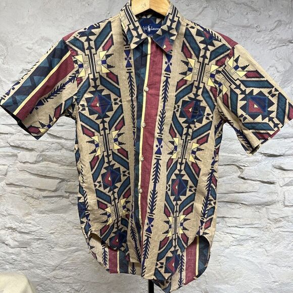 Vintage 80s POLO Ralph Lauren Womens Loop Collar Camp Shirt Southwest Aztec - Picture 1 of 6